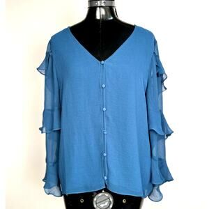 Vince Camuto NWT Blue Tiered Ruffle Sleeve Button Front Blouse Size M